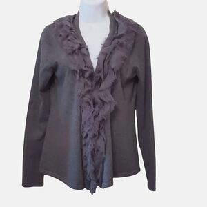 WR Women Cardigan Grey Heather Sweater Ruffle Stretchy Cotton Spandex Sz S